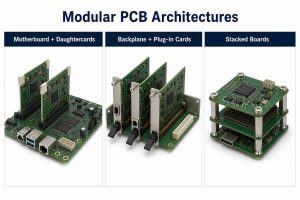 Comparison of motherboard daughtercards, backplane plug-in cards, and stacked PCB architectures