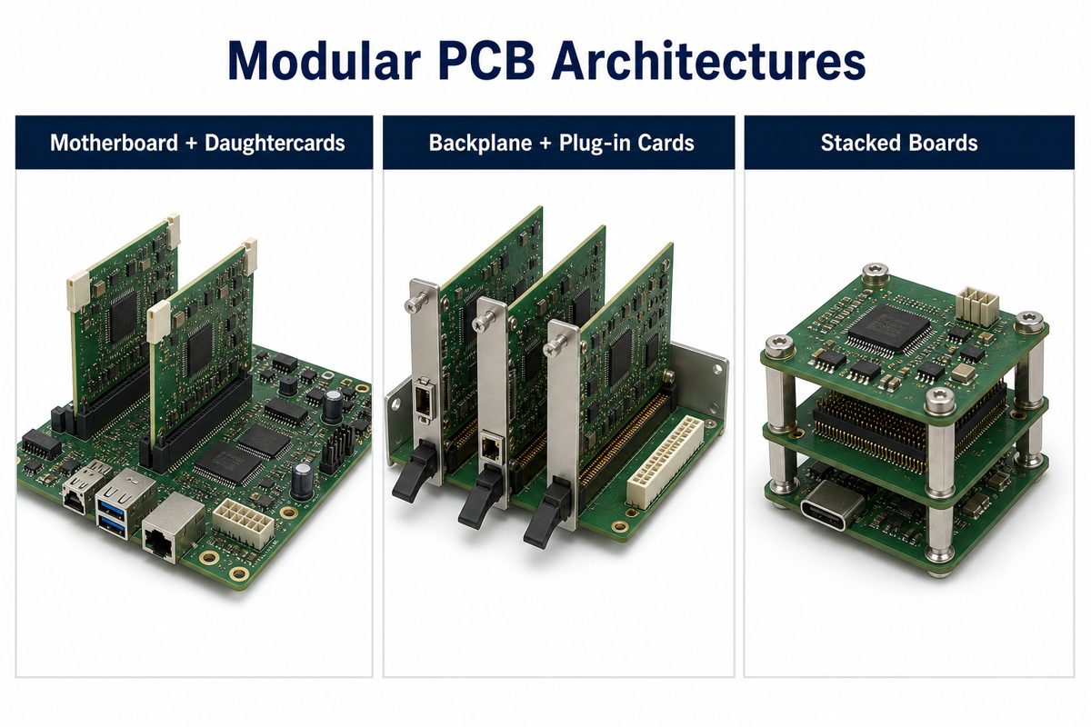 Comparison of motherboard daughtercards, backplane plug-in cards, and stacked PCB architectures