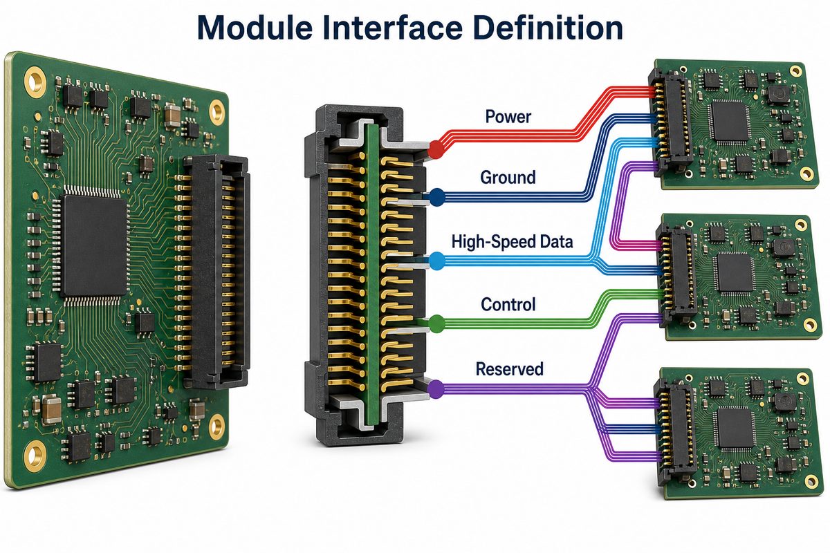Module interface definition separating power, ground, high-speed data, control, and reserved contacts