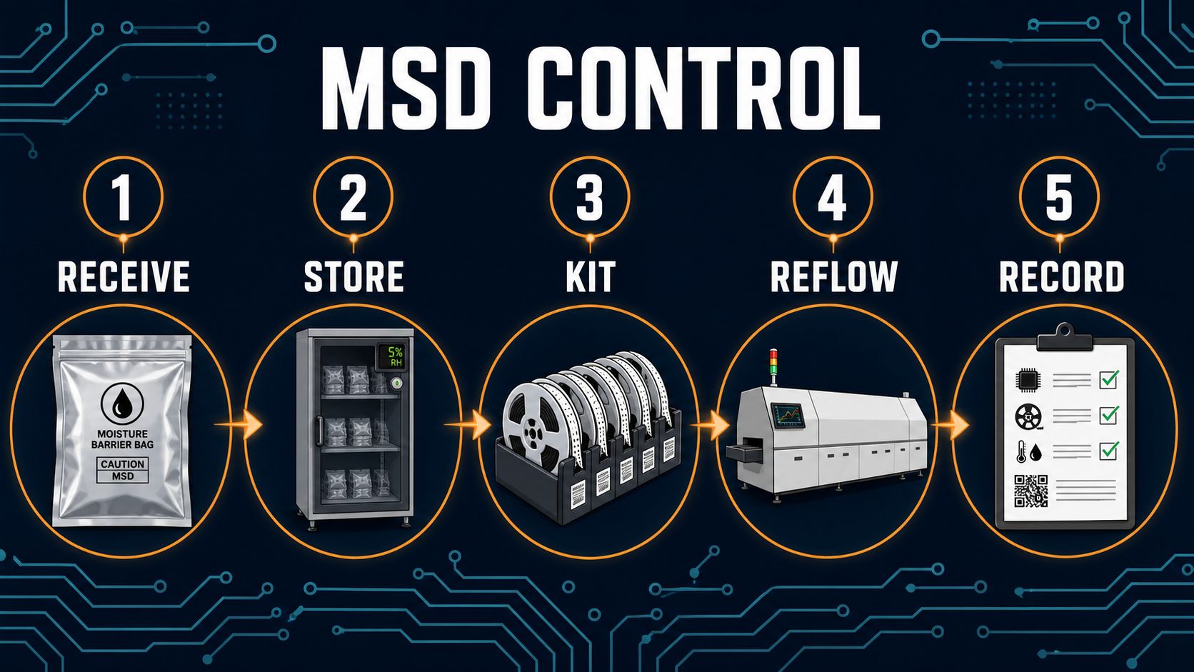Moisture-sensitive device control flow from receipt and storage through kitting reflow and recording