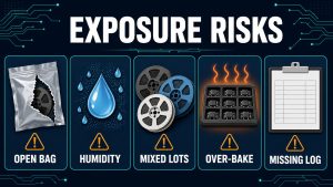 Moisture-sensitive device handling risks including open bag humidity mixed lots over-bake and missing records