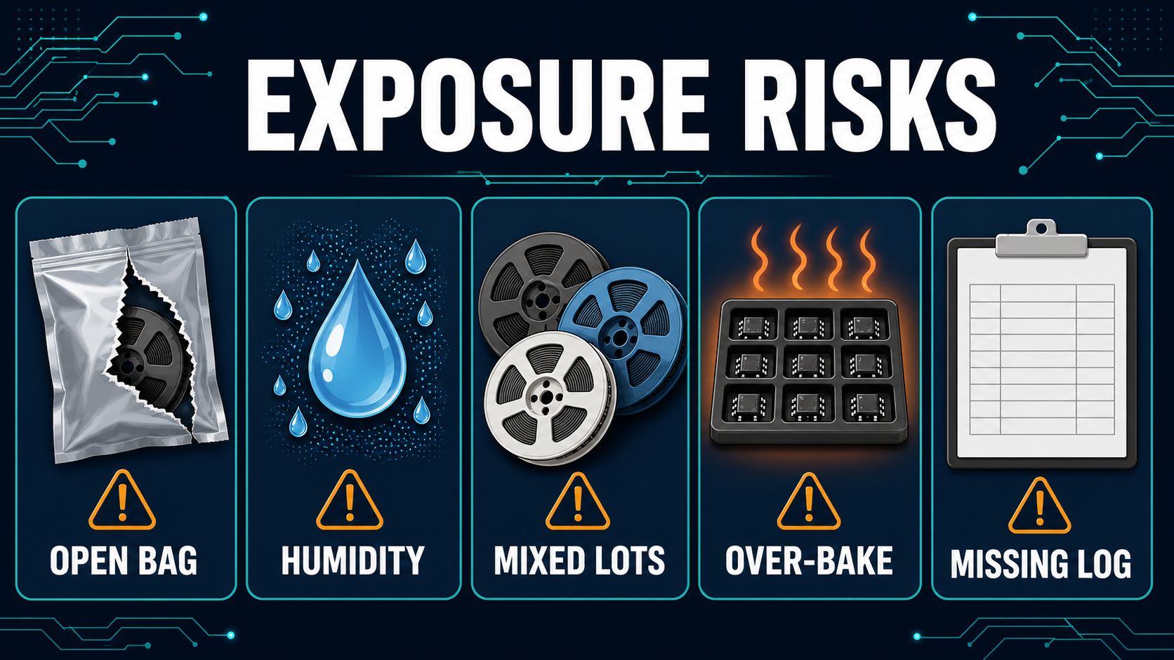 Moisture-sensitive device handling risks including open bag humidity mixed lots over-bake and missing records