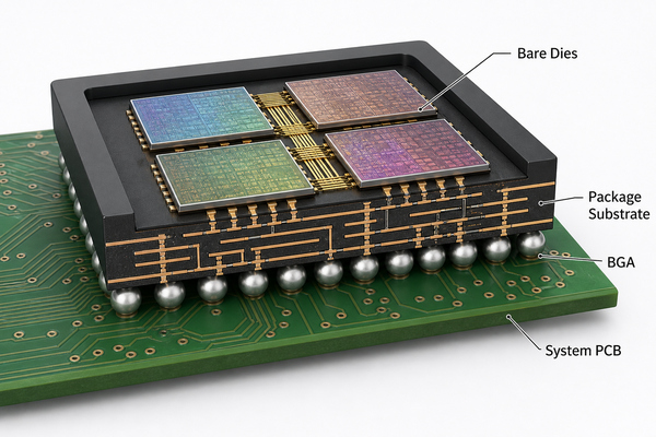 Multi chip module structure with bare dies package substrate BGA and system PCB