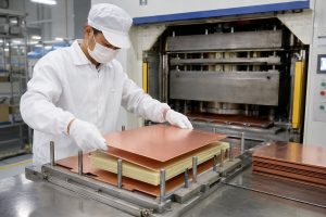 Technician preparing copper layers and prepreg for multilayer PCB lamination