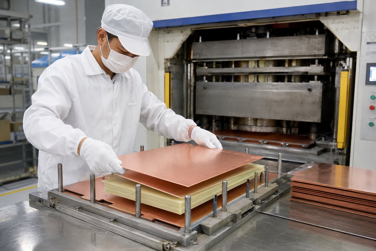 Technician preparing copper layers and prepreg for multilayer PCB lamination