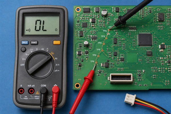 Multimeter continuity test locating an open CCT on a PCB