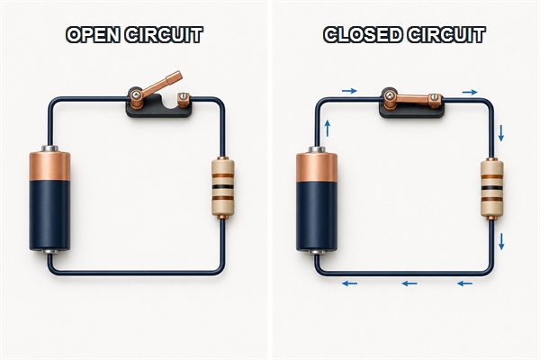 Open circuit and closed circuit comparison with current direction