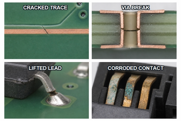 PCB open circuit defects including cracked trace via break lifted lead and corrosion