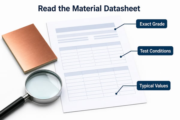 Material datasheet review focusing on exact grade, test conditions, and typical values