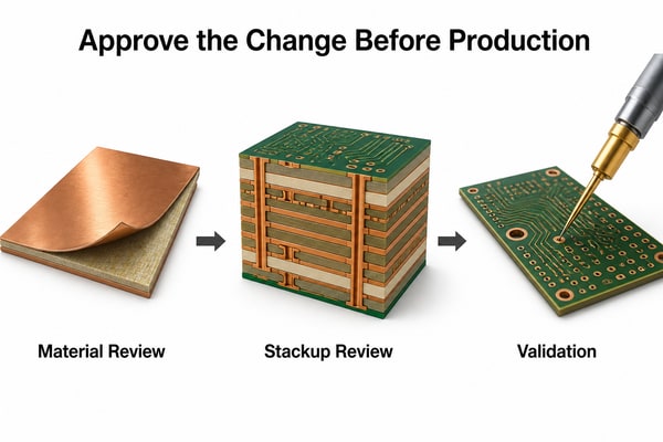 Material review followed by stackup review and validation before PCB production