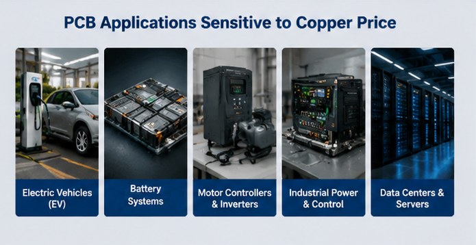 PCB applications sensitive to copper price, including EVs, batteries, motor controllers, industrial power, and data centers