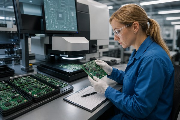PCB Assembly Manufacturer in California, quality engineer inspecting populated circuit boards at a workbench