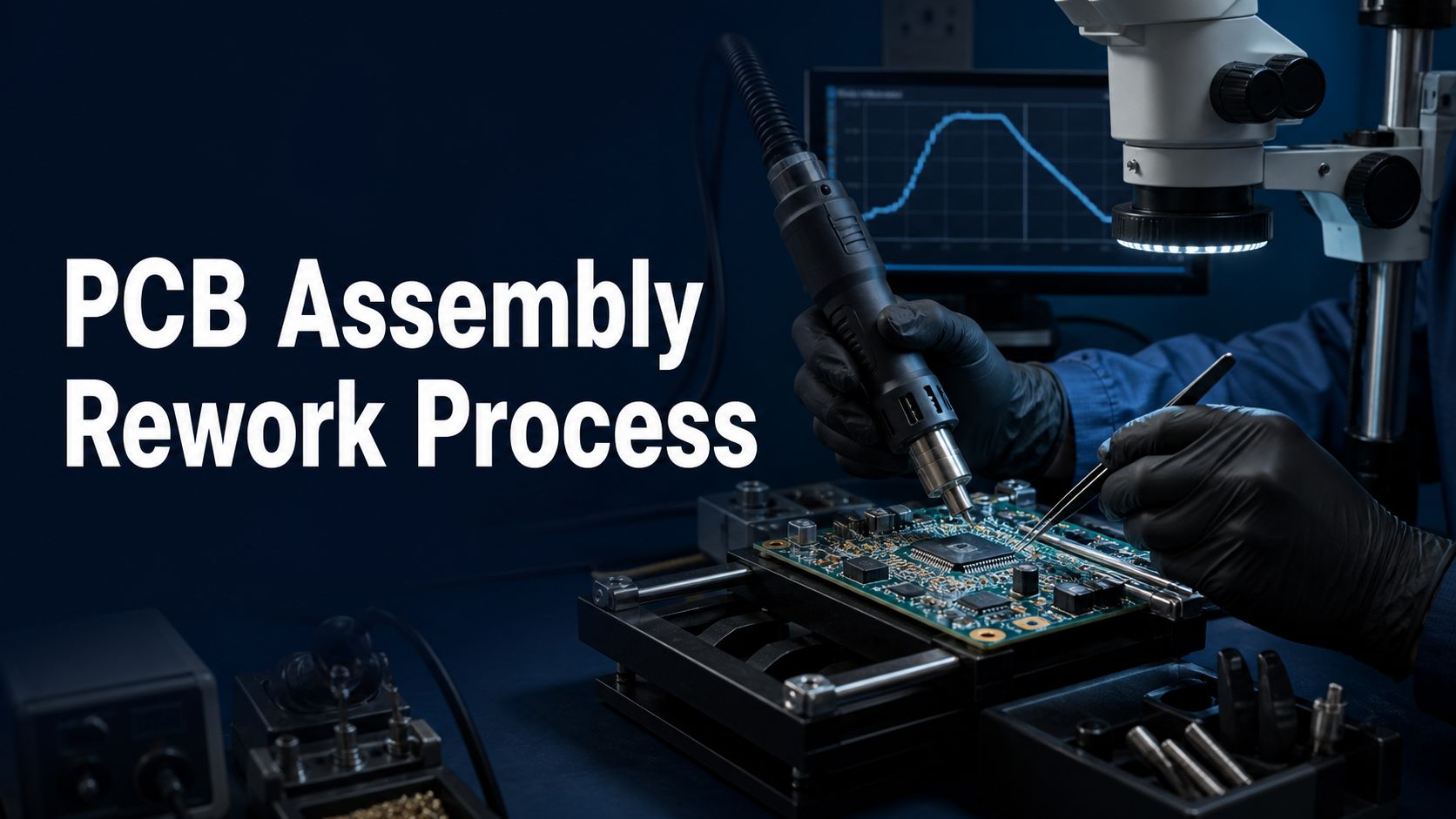 Controlled PCB assembly rework process under microscope with localized heating