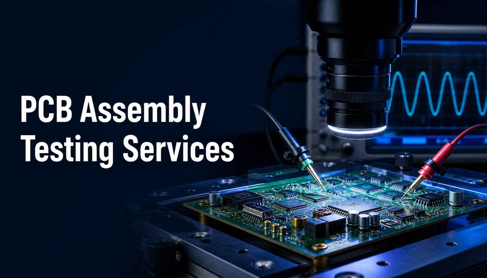 PCB assembly testing services with an assembled circuit board under electrical and optical test