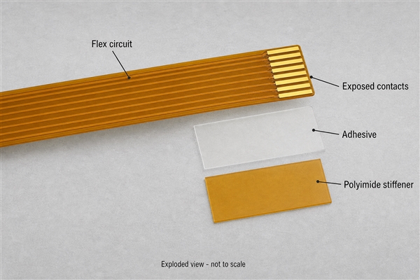 Layered flex tail showing exposed contacts above the adhesive and polyimide PCB stiffener