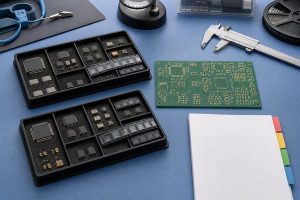 PCB component substitutes in separate antistatic trays beside a reference circuit board and revision document