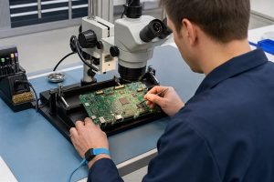 Engineer verifying PCB component packages and solder joints under a stereo microscope before release
