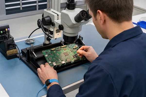 Engineer verifying PCB component packages and solder joints under a stereo microscope before release