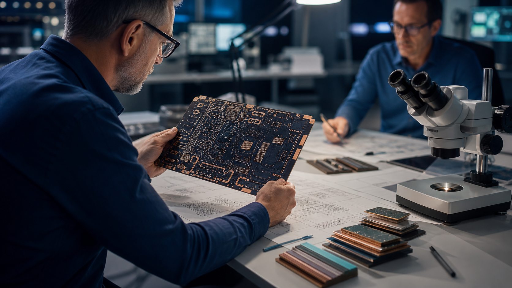 PCB consultants reviewing a complex circuit board and manufacturing data