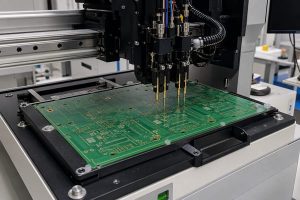 PCB Continuity Test, flying probe system checking an unpopulated printed circuit board