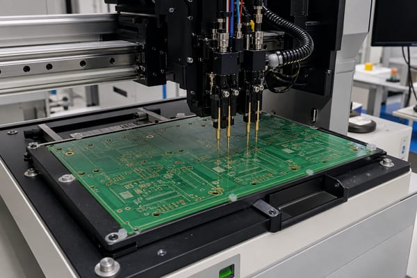 PCB Continuity Test, flying probe system checking an unpopulated printed circuit board