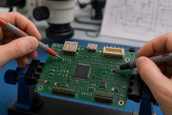 PCB Continuity Test, fine probes localizing an open connection between circuit board nodes