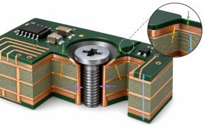 PCB cutaway showing copper keep-out, solder mask opening and remaining laminate around a recessed mounting hole