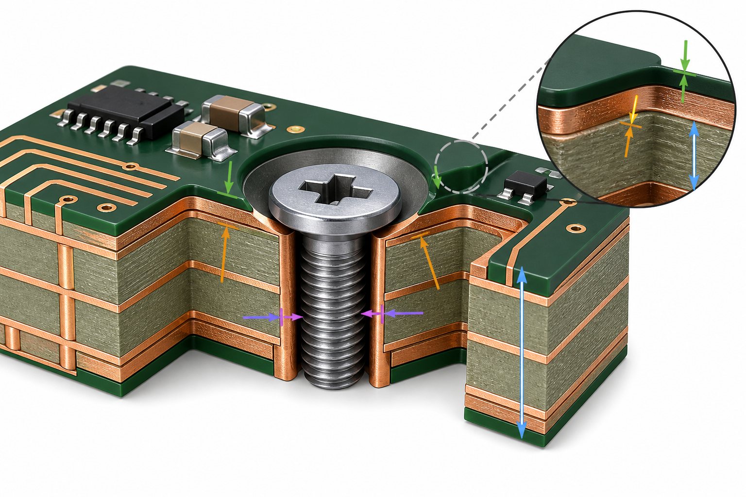 PCB cutaway showing copper keep-out, solder mask opening and remaining laminate around a recessed mounting hole