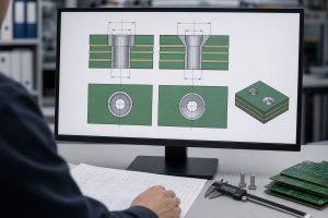 Engineer reviewing counterbore and countersink cross-sections in a PCB fabrication drawing