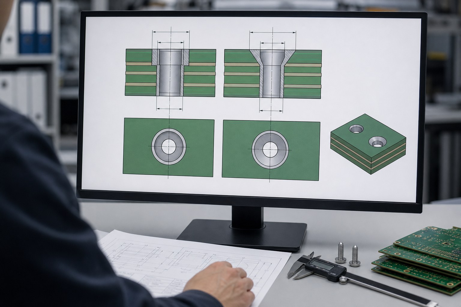 Engineer reviewing counterbore and countersink cross-sections in a PCB fabrication drawing
