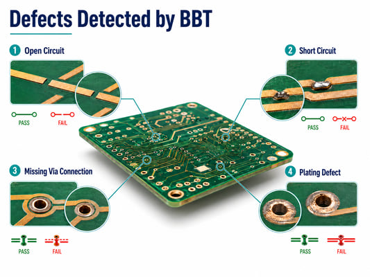 Open circuit, short circuit, missing via connection, and plating defects detected by BBT