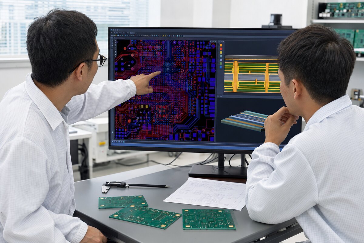 PCB engineers reviewing Gerber data stackup and bare PCB samples for quotation