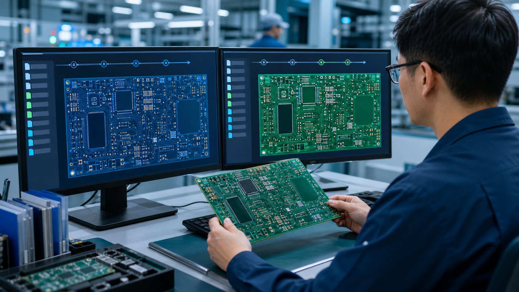 Engineer reviewing two PCB revisions before engineering change order release
