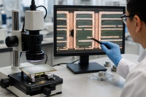 PCB microsection inspection showing plated through-hole and multilayer construction