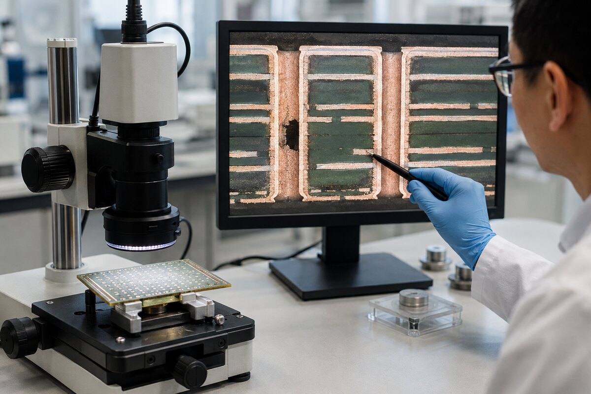 PCB microsection inspection showing plated through-hole and multilayer construction