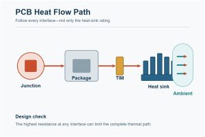 Technical diagram showing heat flow from a semiconductor junction through the package, TIM and heat sink to ambient air