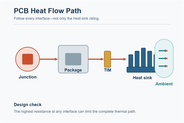 Diagram showing heat flowing from a semiconductor junction through the package and heat sink to ambient air