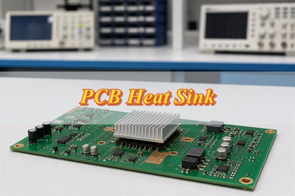 Populated printed circuit board with a finned aluminum heat sink mounted over a power component