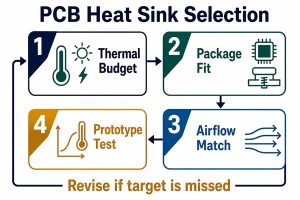 Professional four-stage PCB heat sink selection loop covering thermal budget, package fit, airflow match and prototype testing