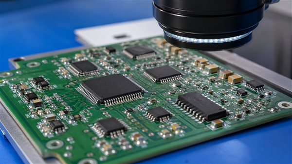 Illustrative optical inspection of surface-mount IC leads on an assembled PCB