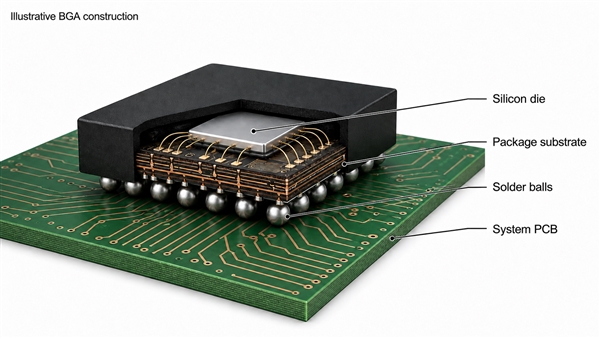 Illustrative PCB IC BGA cutaway identifying silicon die package substrate solder balls and system board