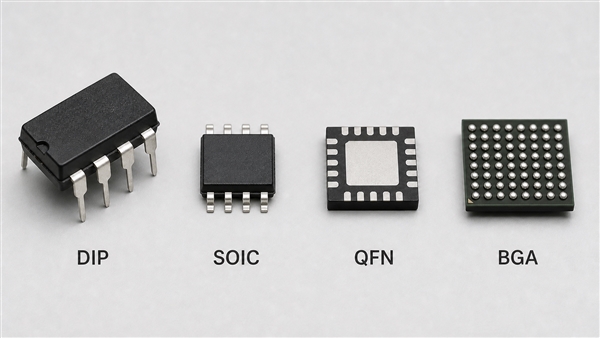DIP SOIC QFN and BGA package examples showing different PCB IC connections