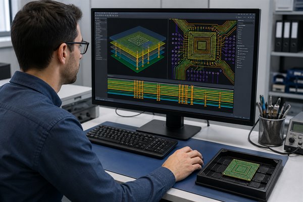Engineer reviewing PCB interposer stackup and dense BGA escape routing