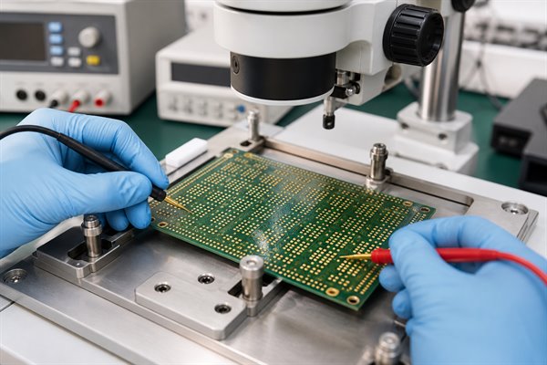 Technician inspecting and probing a finished PCB interposer