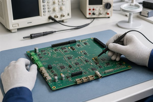 Stray capacitance, engineer probing a multilayer PCB during layout verification