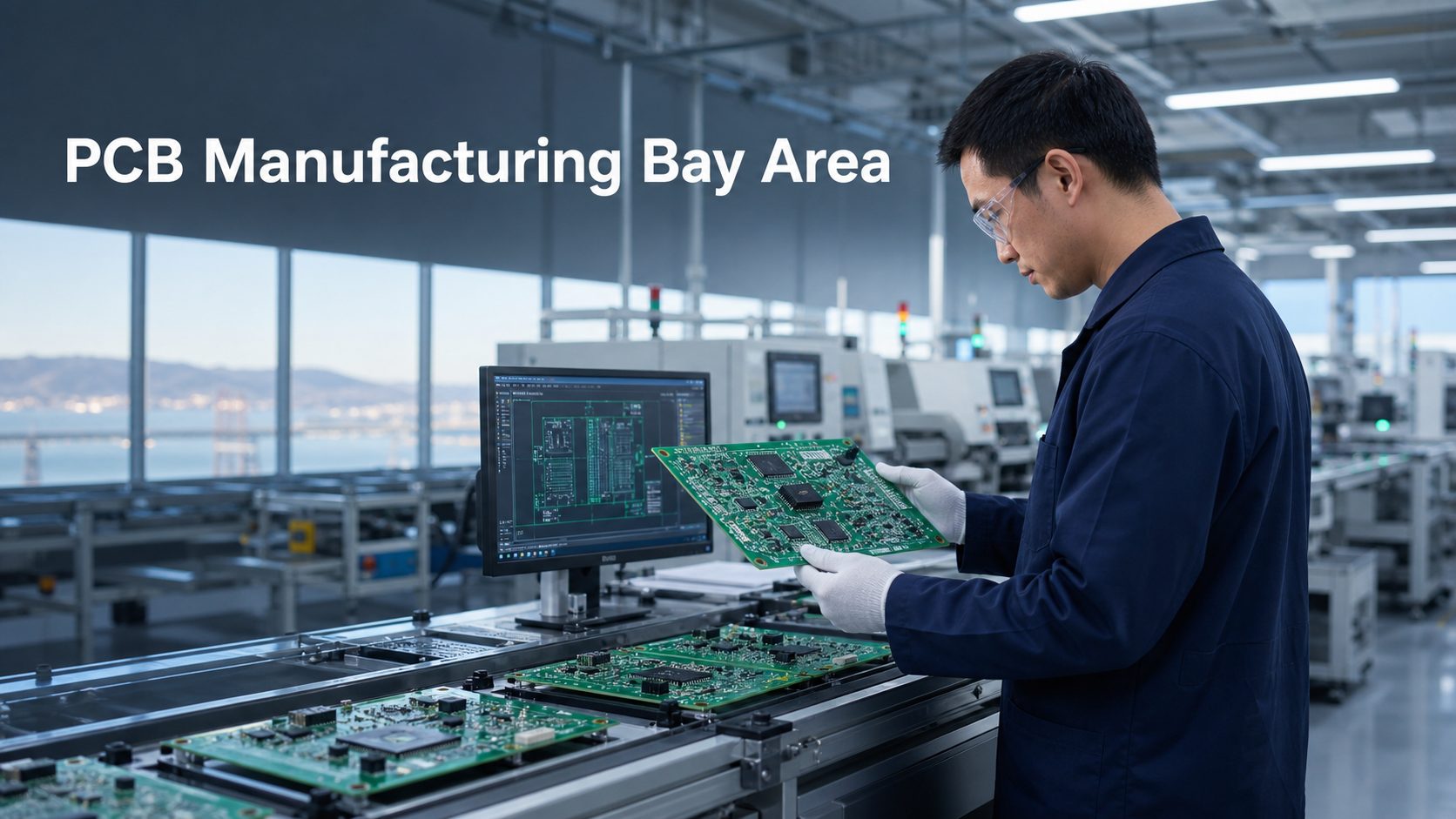 PCB manufacturing Bay Area engineering review with a populated circuit board in a production environment