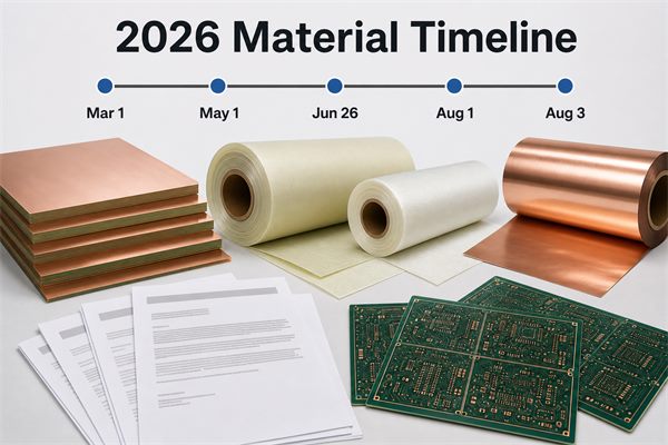 2026 timeline represented by CCL sheets, prepreg rolls and copper foil
