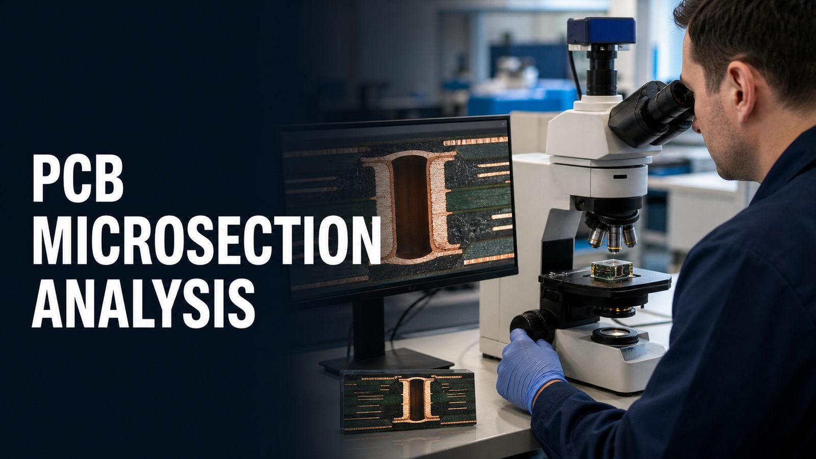 PCB microsection analysis laboratory with microscope and plated through-hole cross section