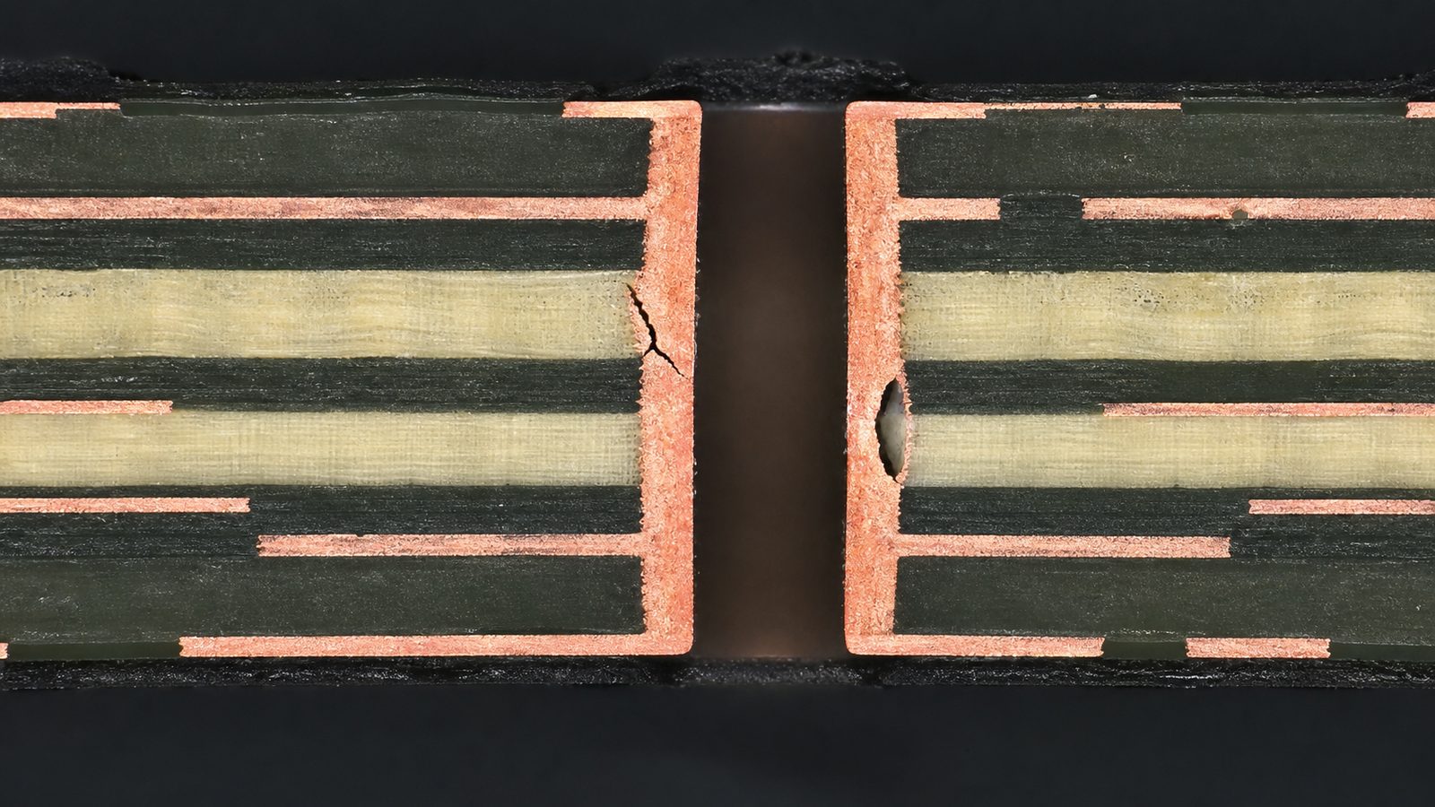 Illustrative PCB cross section showing a barrel crack and plating void for microsection defect review