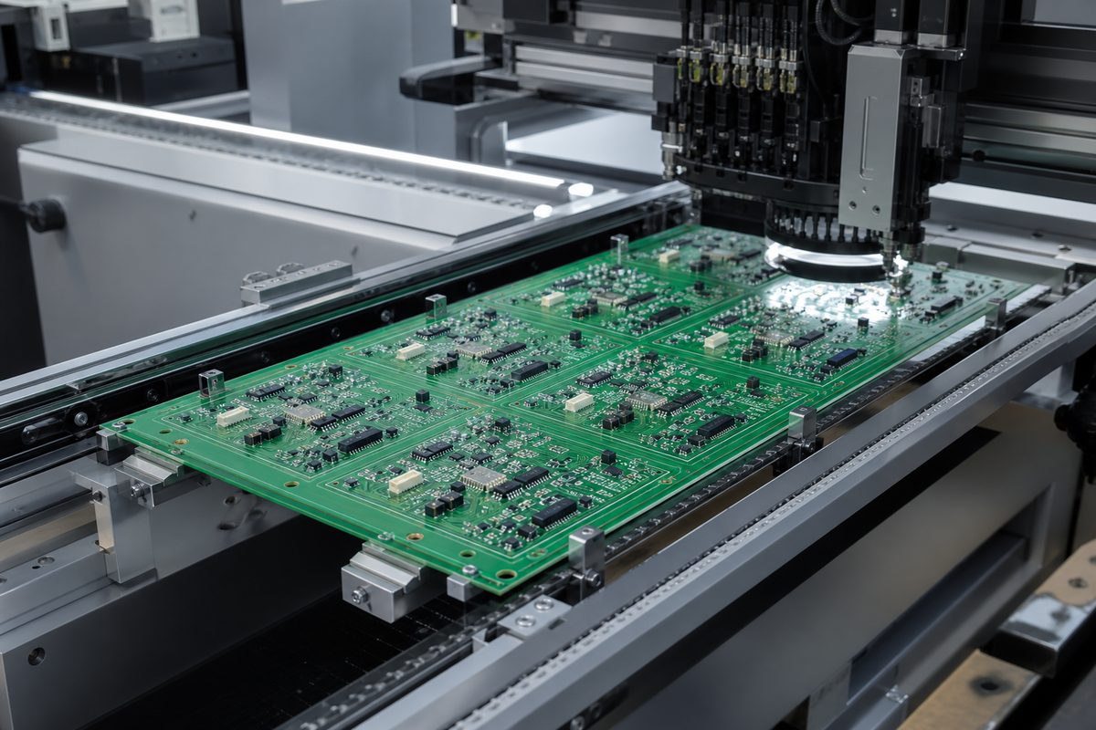 PCB assembly panel moving through an SMT production line with supported edge rails